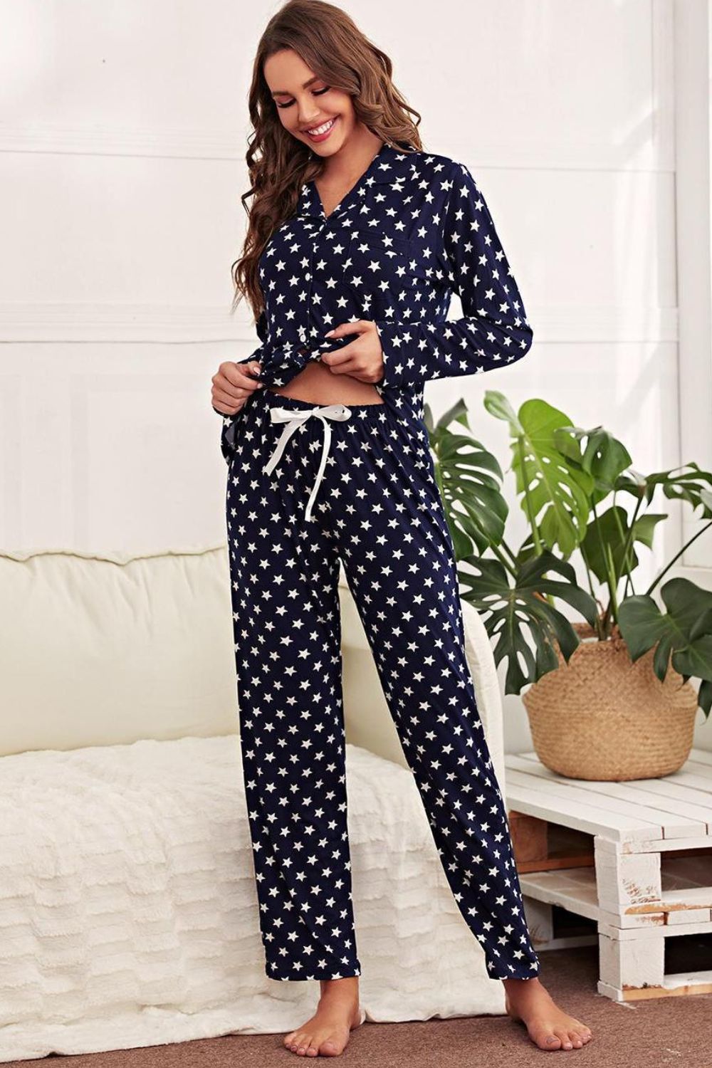 Stacey B's Star Print Button-Up Shirt and Pants Lounge Set