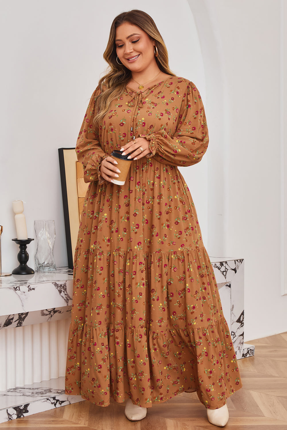 Stacey B's Brown Plus Size Floral Split V Neck Ruffled Sleeve Tiered Maxi Dress