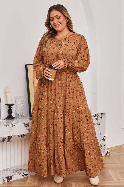 Stacey B's Brown Plus Size Floral Split V Neck Ruffled Sleeve Tiered Maxi Dress