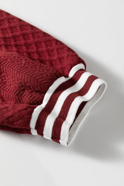 Stacey B's Racing Red Rhombus Textured Striped Patchwork Zip Neck Pullover Sweatshirt