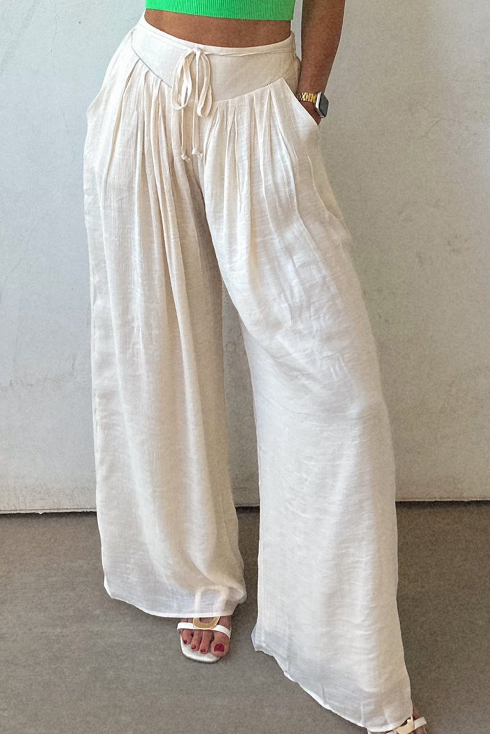 Stacey B's White Casual Tie Waist Pleated Wide Leg Pants