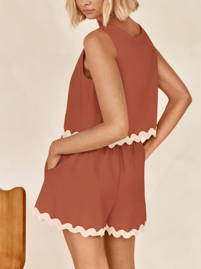 Stacey B's Contrast Trim Round Neck Top and Shorts Set