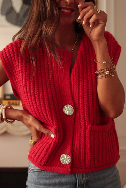 Stacey B's Fiery Red Solid Textured Knit Side Pockets Buttoned Sweater Vest