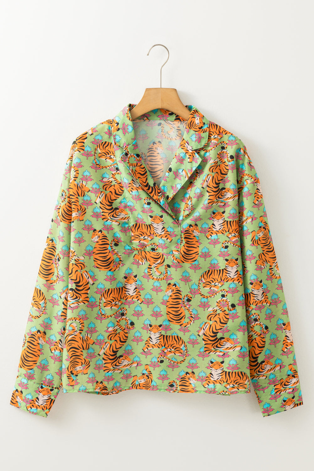 Stacey B's Green Tiger Floral Printed Collared V Neck Casual Shirt