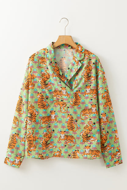 Stacey B's Green Tiger Floral Printed Collared V Neck Casual Shirt