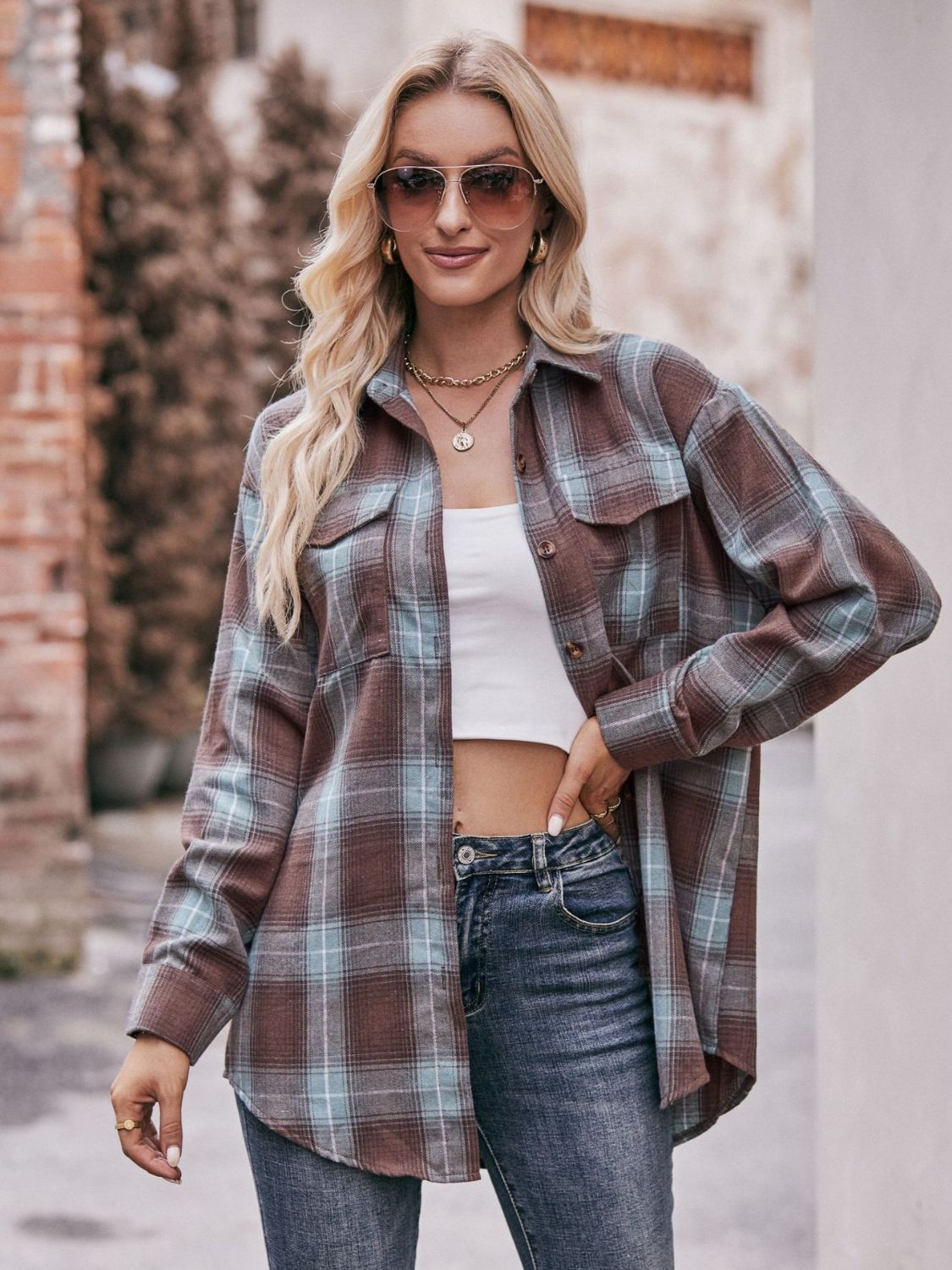 Stacey B's Mandy Plaid Dropped Shoulder Longline Shirt