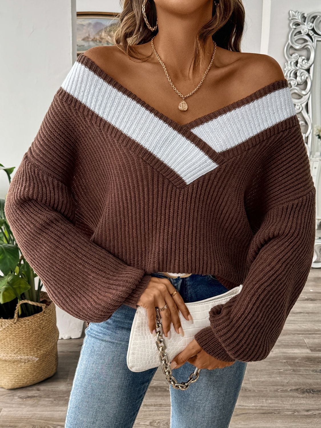 Stacey B's Contrast Dropped Shoulder Long Sleeve Sweater
