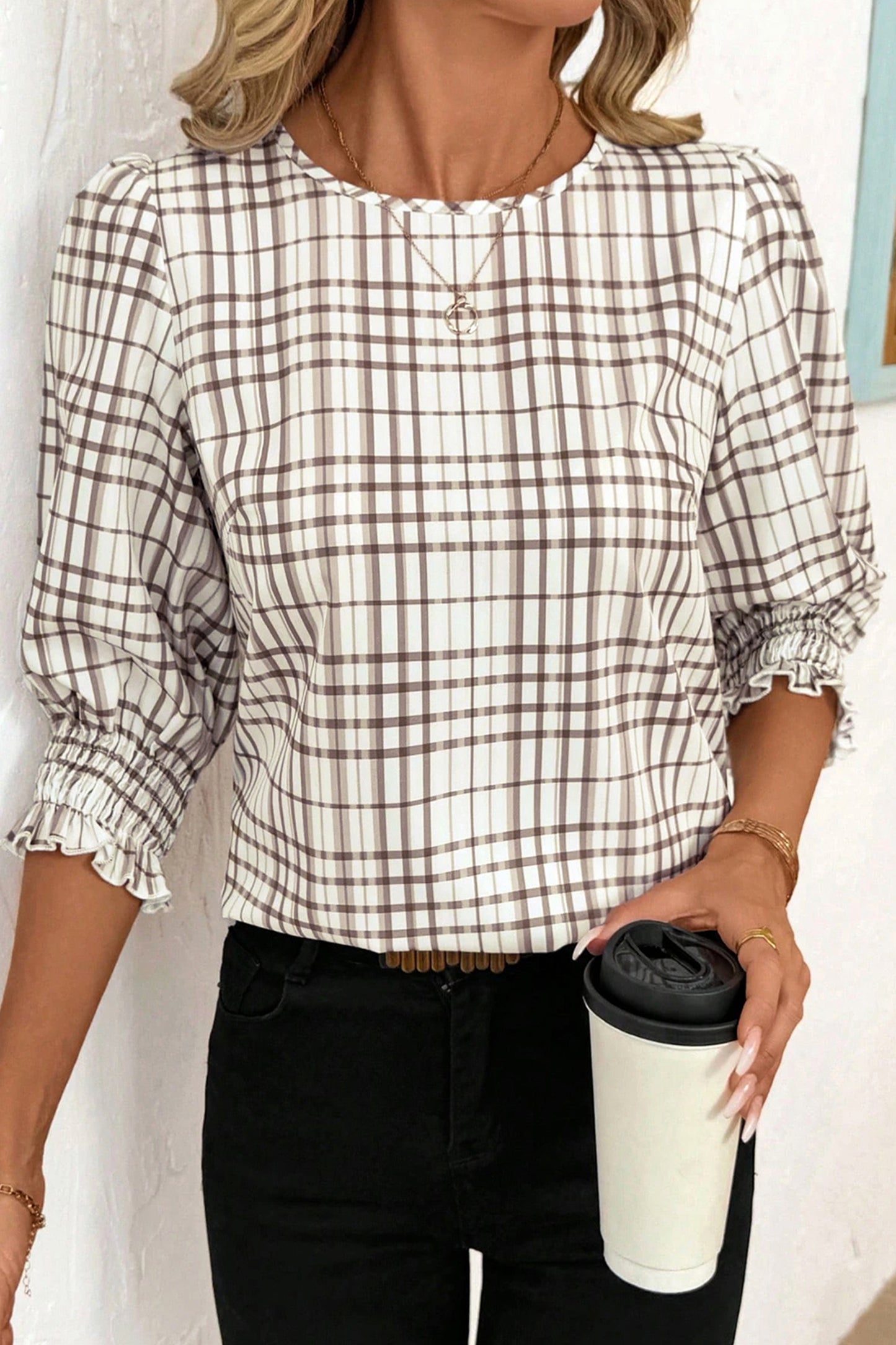 Stacey B's White Plaid Print Frilled Puffy Half Sleeve Blouse