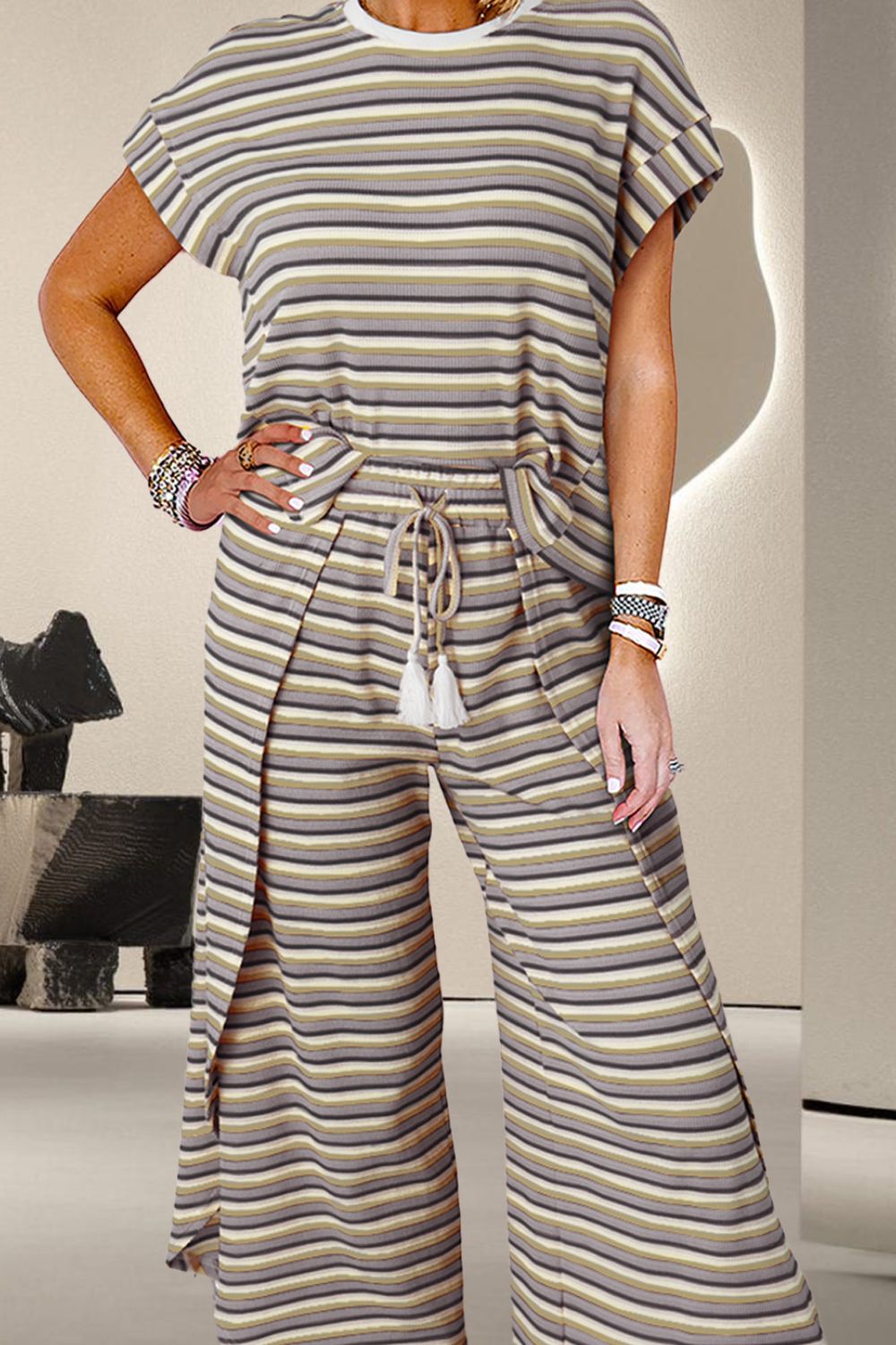 Stacey B's Striped Round Neck Top and Drawstring Pants Set