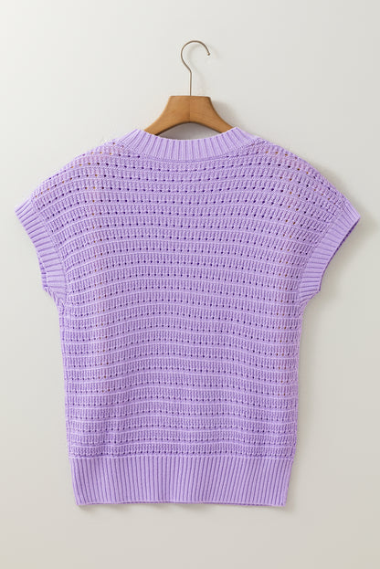 Stacey B's Lavendula Pointelle knit Ribbed Trim Short Sleeve Sweater