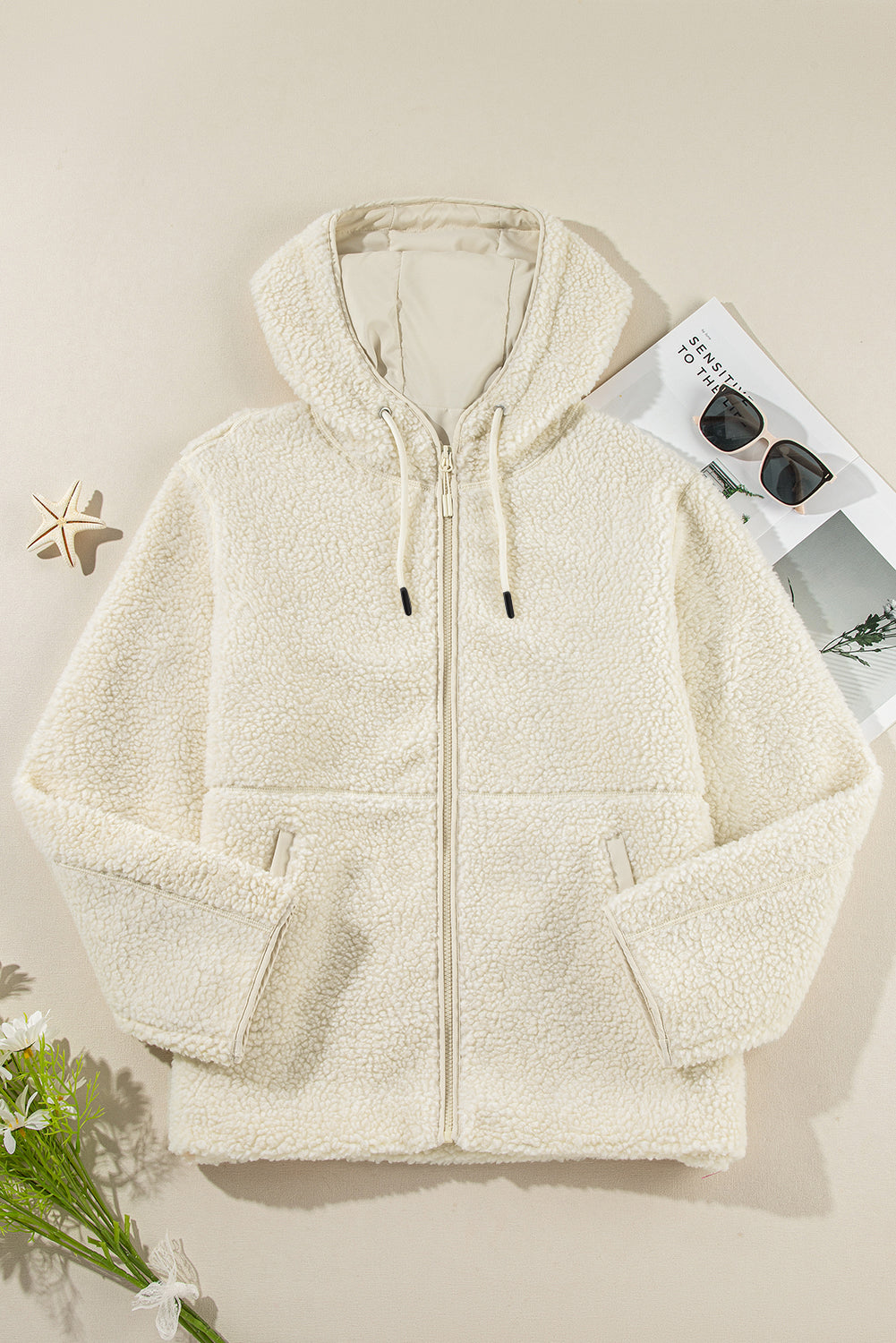 Stacey B's Beige Fleece Zip Up Drawstring Hooded Pocketed Jacket