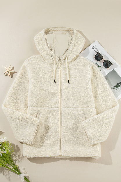 Stacey B's Beige Fleece Zip Up Drawstring Hooded Pocketed Jacket