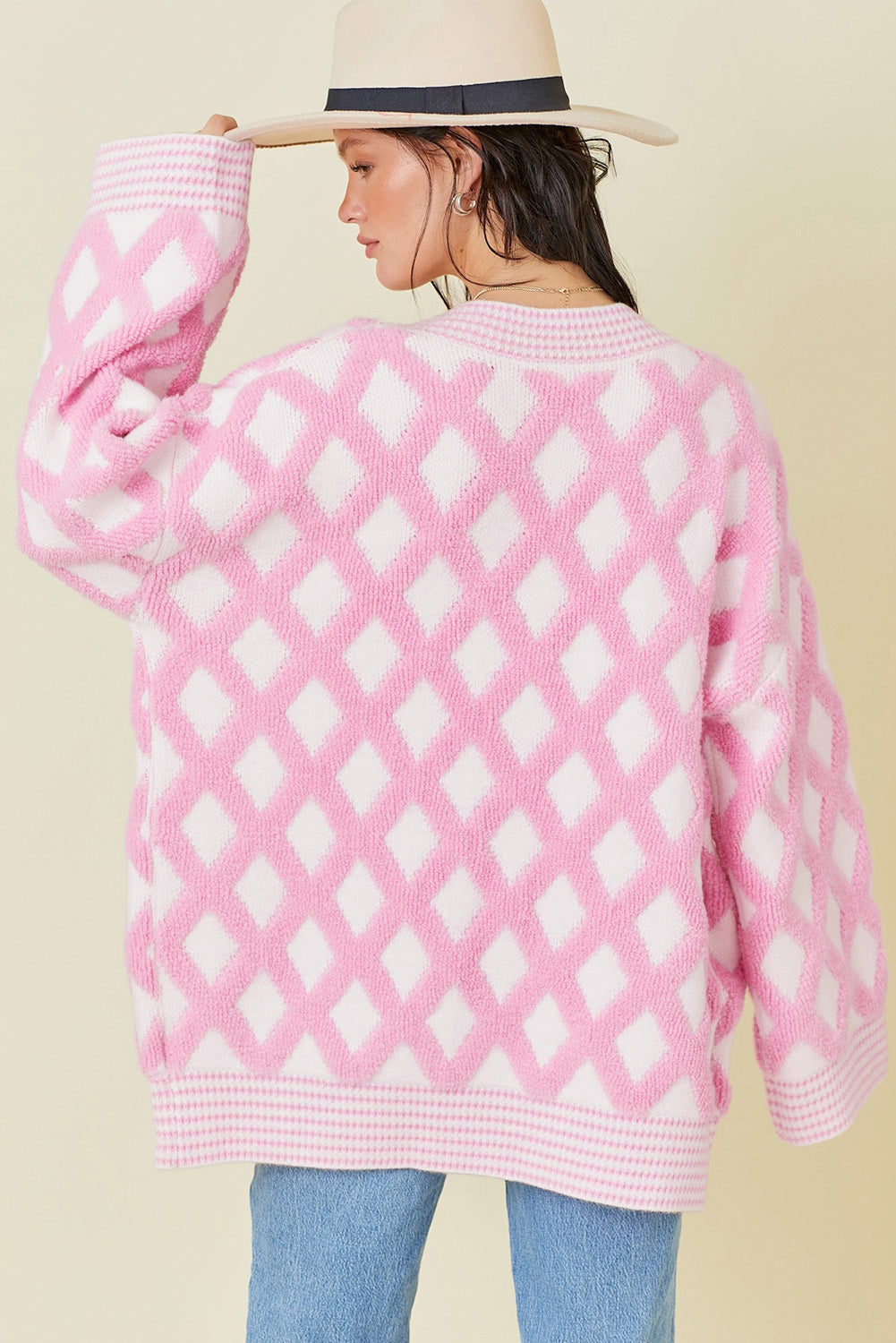 Stacey B's Pink Rhombus Pattern Knit Open Front Pocketed Cardigans