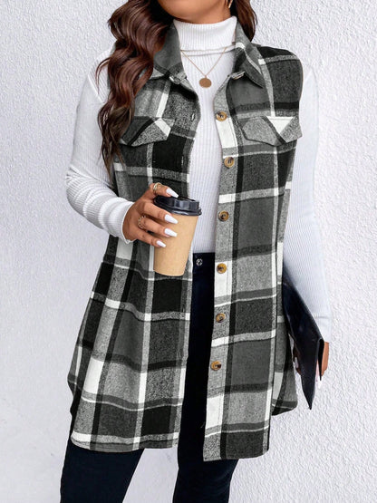Stacey B's Honey Plus Size Pocketed Plaid Button Up Vest Coat
