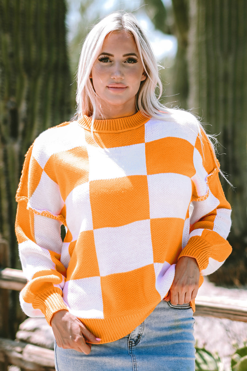 Stacey B's Orange Checkered Bishop Sleeve Sweater