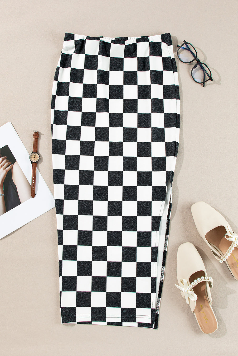 Stacey B's  Rose Checkered Print Side Slit Slim Fit Midi Skirt