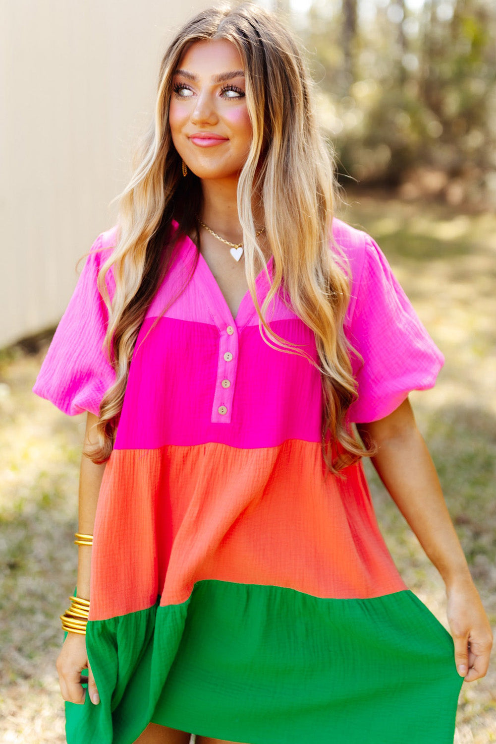 Stacey B's Multicolor Color Block Tiered Puff Sleeve Dress