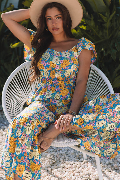 Stacey B's Yellow Floral Allover Print Shirred Cut Out High Waist Jumpsuit