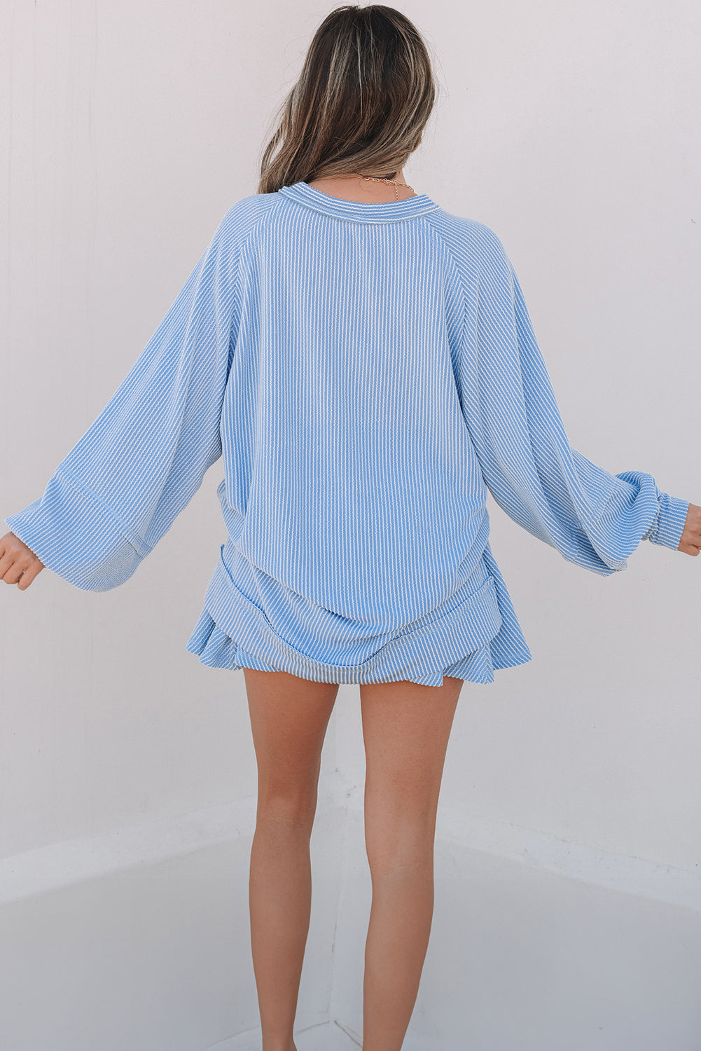Stacey B's Sky Blue Corded Lantern Sleeve Top High Waist Ruffled Mini Skort Set