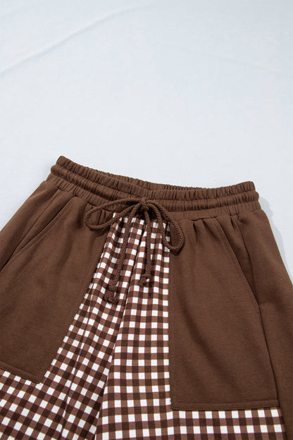 Stacey B's Brown Color Block Plaid Patchwork Long Sleeve Pullover Wide Leg Pant Set