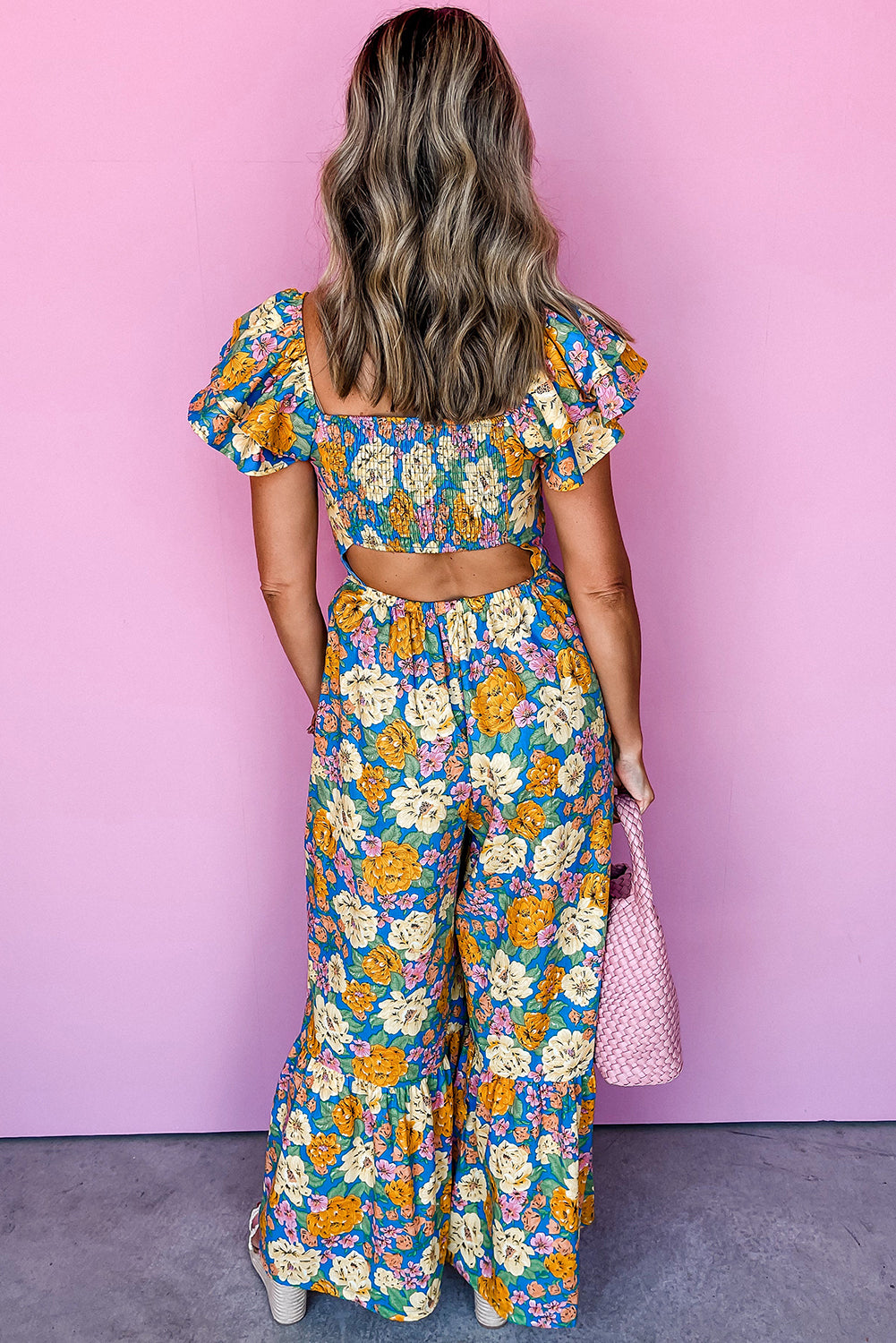 Stacey B's Yellow Floral Allover Print Shirred Cut Out High Waist Jumpsuit