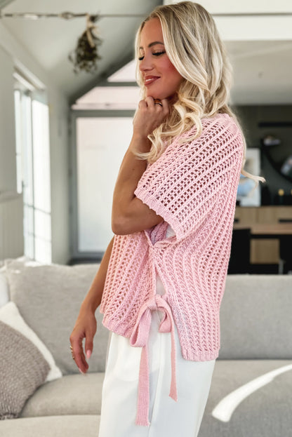 Stacey B's Pink Side Tie Hollow-out Crochet Knit Top