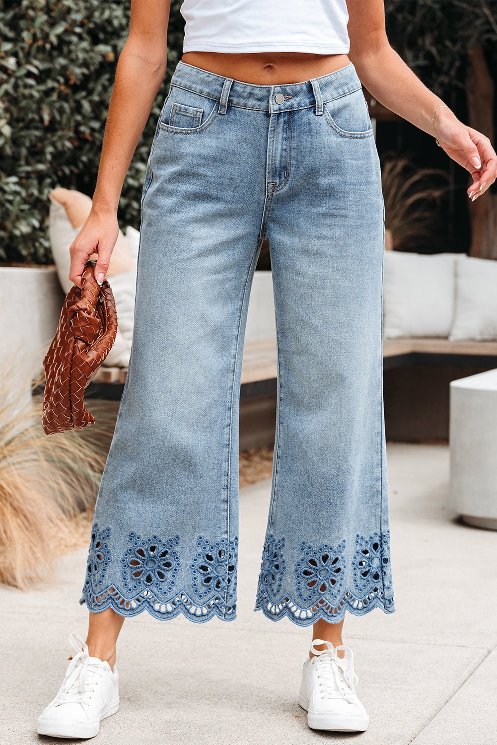 Stacey B's Dusk Blue Embroidered Cropped Wide Leg High Waist Jeans