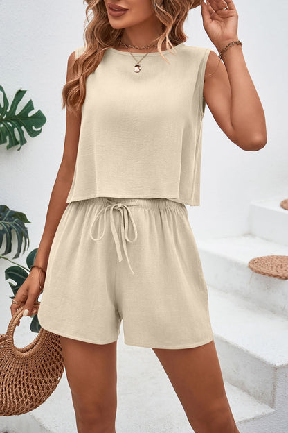 Stacey B's Round Neck Top and Drawstring Shorts Set