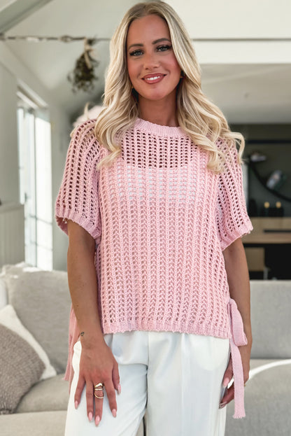 Stacey B's Pink Side Tie Hollow-out Crochet Knit Top