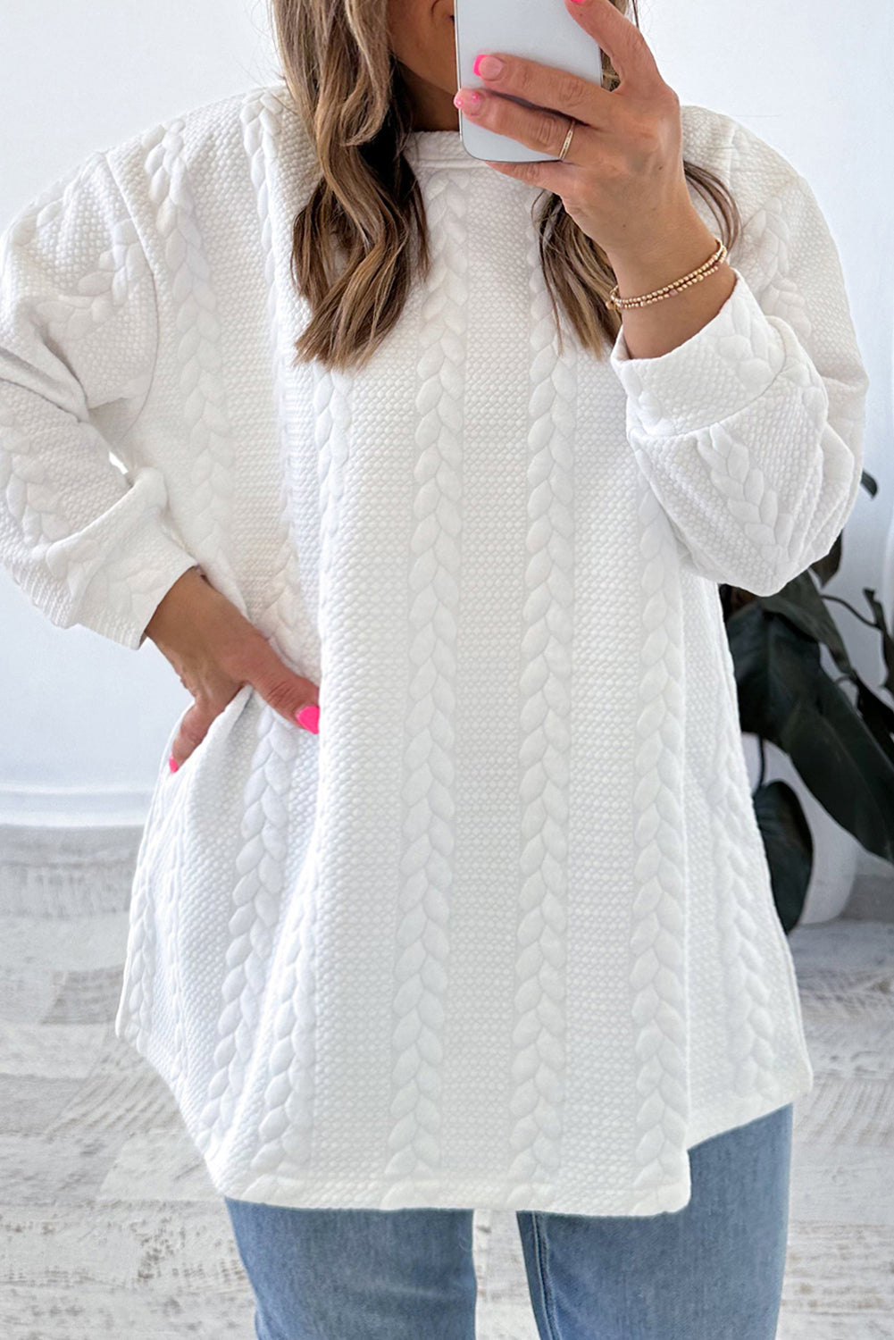 Stacey B's White Textured Loose Plus Size Long Sleeve Top