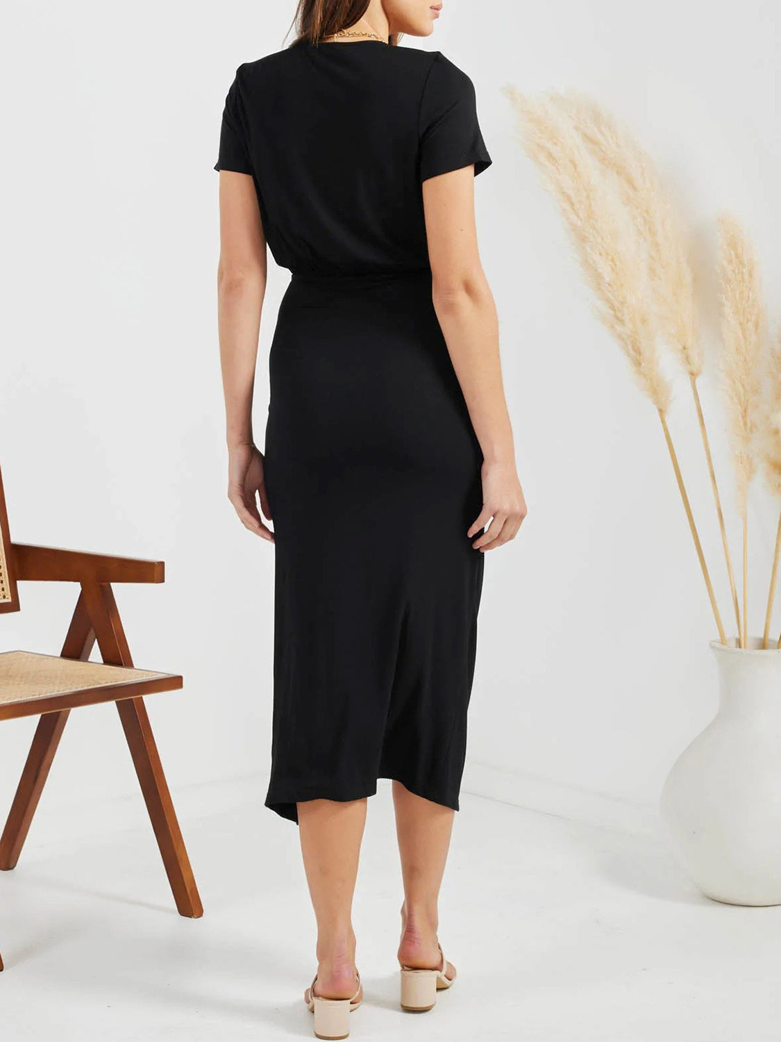 Stacey B's Ruched Slit V-Neck Short Sleeve Dress