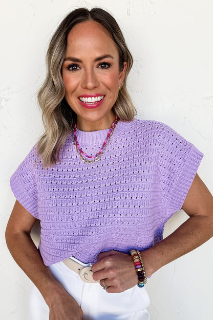 Stacey B's Lavendula Pointelle knit Ribbed Trim Short Sleeve Sweater