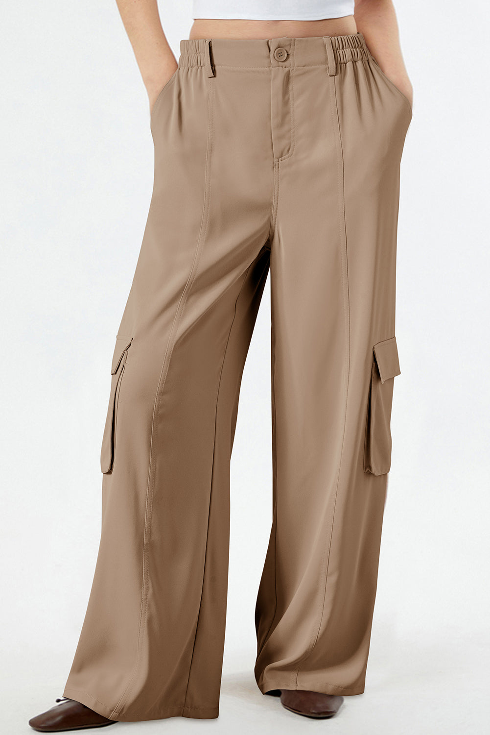 Stacey B's Camel Solid Color Elastic High Waist Loose Cargo Pants