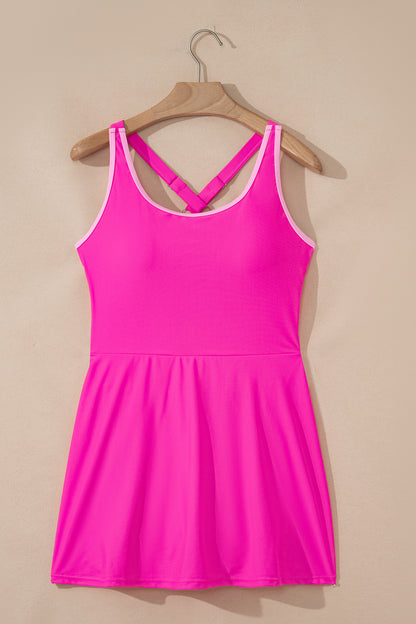 Stacey B's Rose Red Contrast Trim Neckline Active Shorts Attached One Piece Swim Dress
