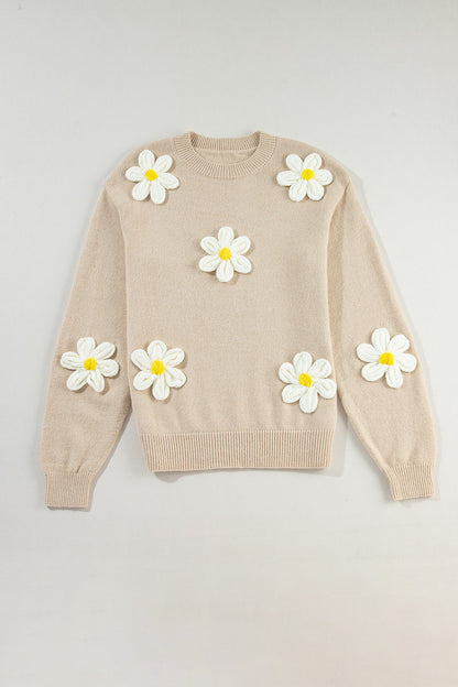 Stacey B's Crochet Flower Round Neck Long Sleeve Sweater