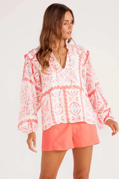Stacey B's Desert Flower Vintage Print Smocked Poet Collar Billowy Blouson Sleeves Blouse