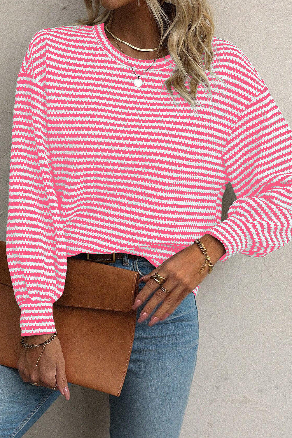 Stacey  B's Rose Stripe Round Neck Drop Shoulder Long Sleeve Top