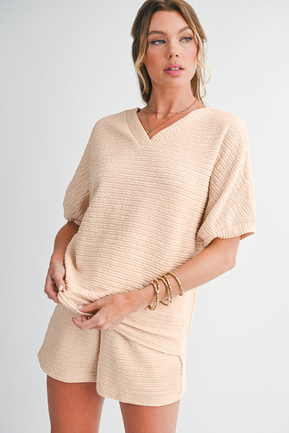 Stacey B's Orange Textured V Neck T Shirt and Shorts Set