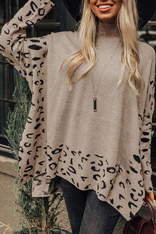 Stacey B's Khaki Leopard Casual Side Slit High Neck Oversized Sweater