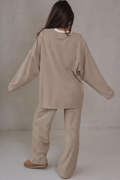 Stacey B's Beige Stripe Contrast Trim Round Neck Oversize Long Sleeve Top 2pcs Pant Set