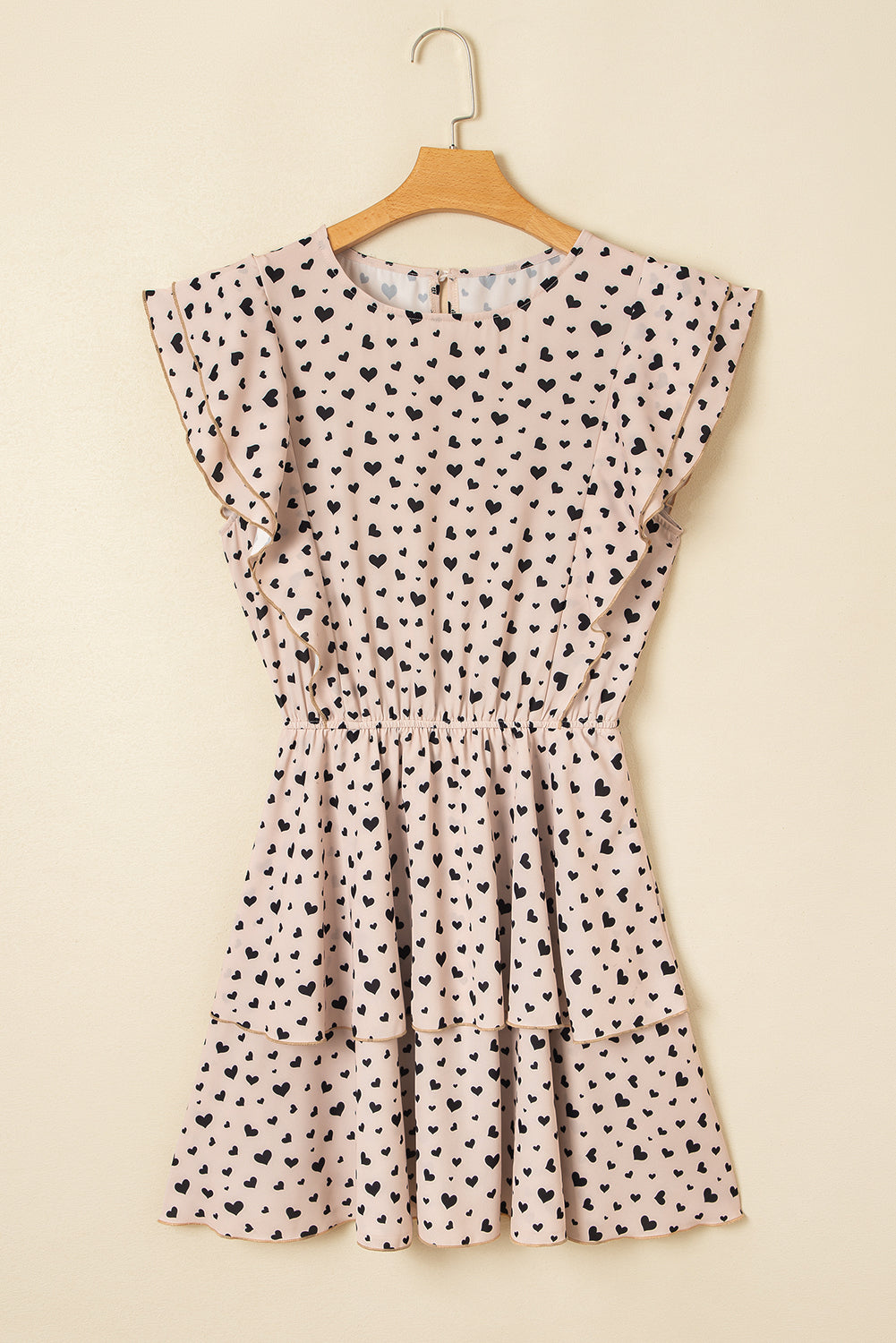 Stacey B's Khaki Heart Printed Flutter Sleeve Cinched Waist Tiered Ruffle Mini Dress