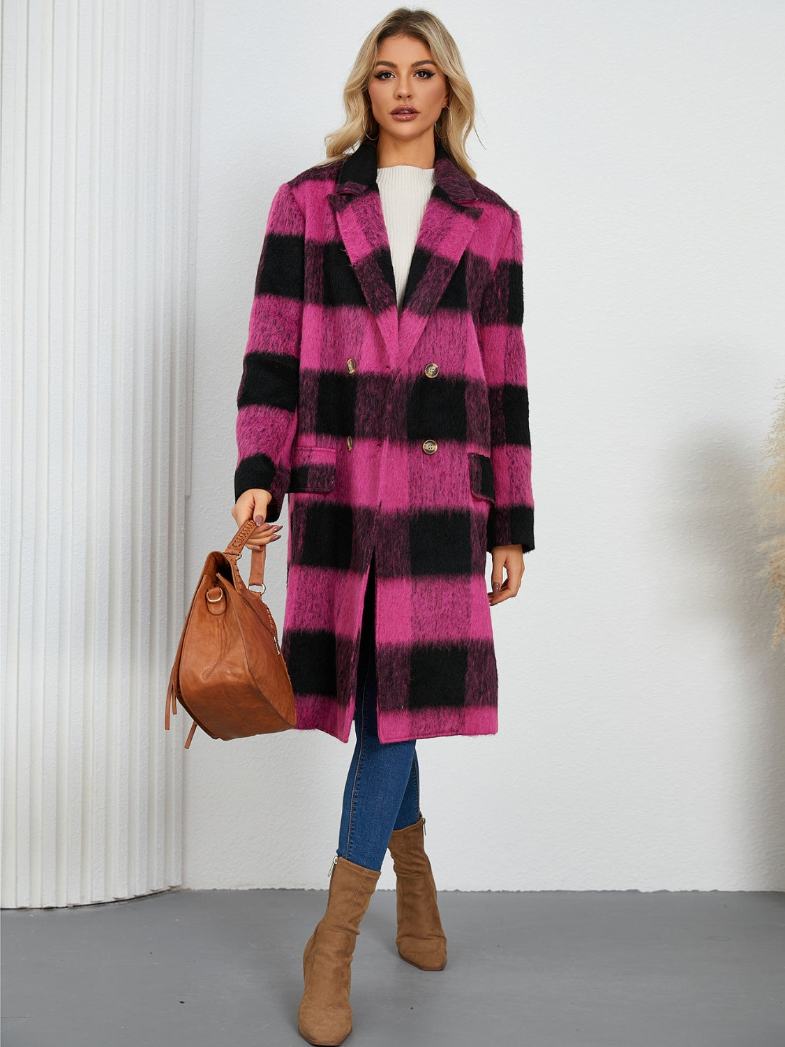 Stacey B's Plaid Double-Breasted Long Sleeve Coat