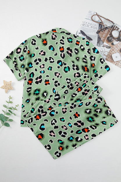 Stacey B's Green Leopard Print Short Sleeve Shirt and Wide Leg Pants Set