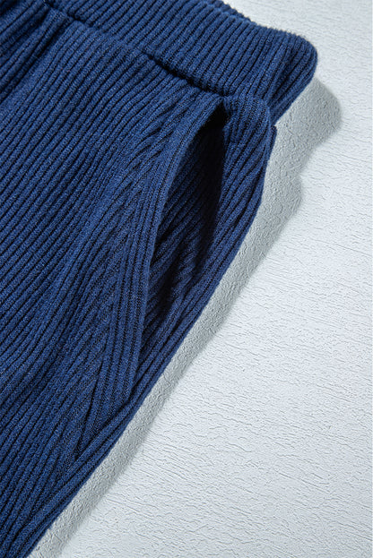 Stacey B's Navy Blue Ribbed Knit Cropped Hoodie and Drawstring Joggers Set
