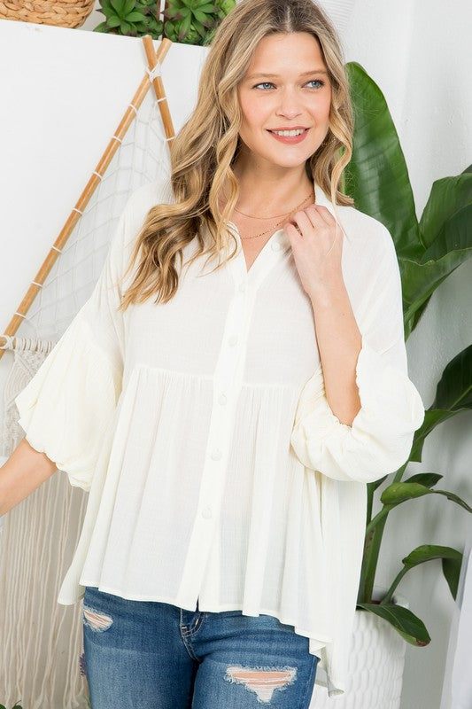 Stacey B's Plus Solid  Button Down Blouse