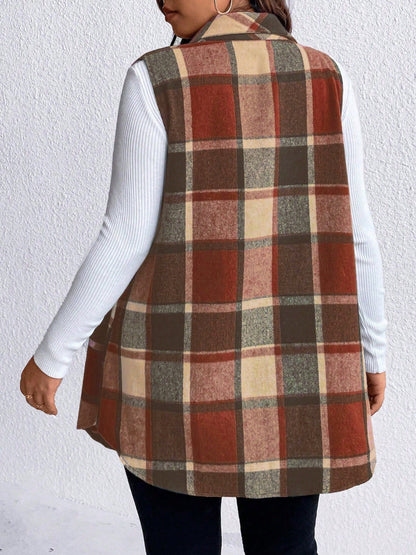 Stacey B's Honey Plus Size Pocketed Plaid Button Up Vest Coat