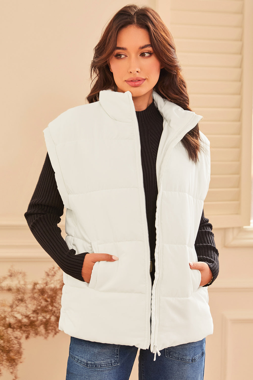 Stacey B's Beige Zipper Stand Neck Oversized Puffer Vest