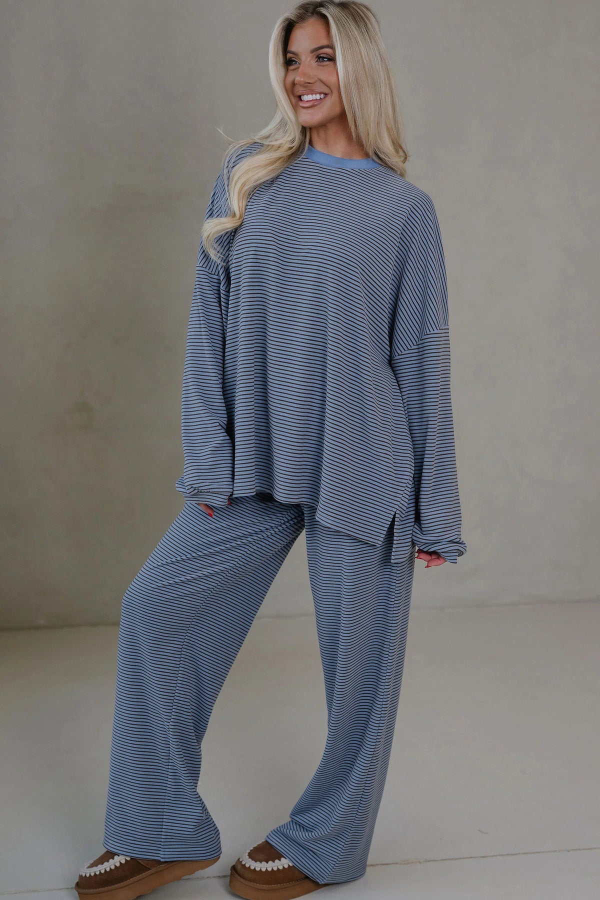 Stacey B's Beige Stripe Contrast Trim Round Neck Oversize Long Sleeve Top 2pcs Pant Set