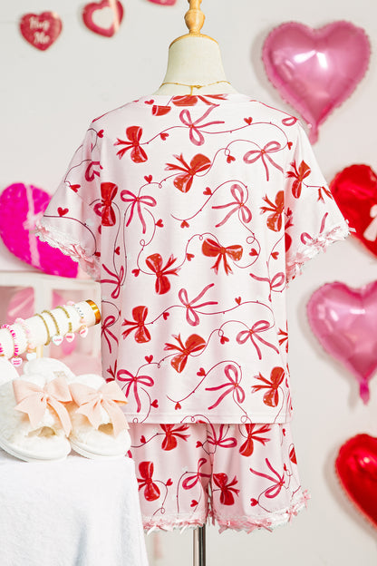 Stacey B's Red Romantic Bow Print Loose Tee Drawstring Shorts 2pcs Lounge Set