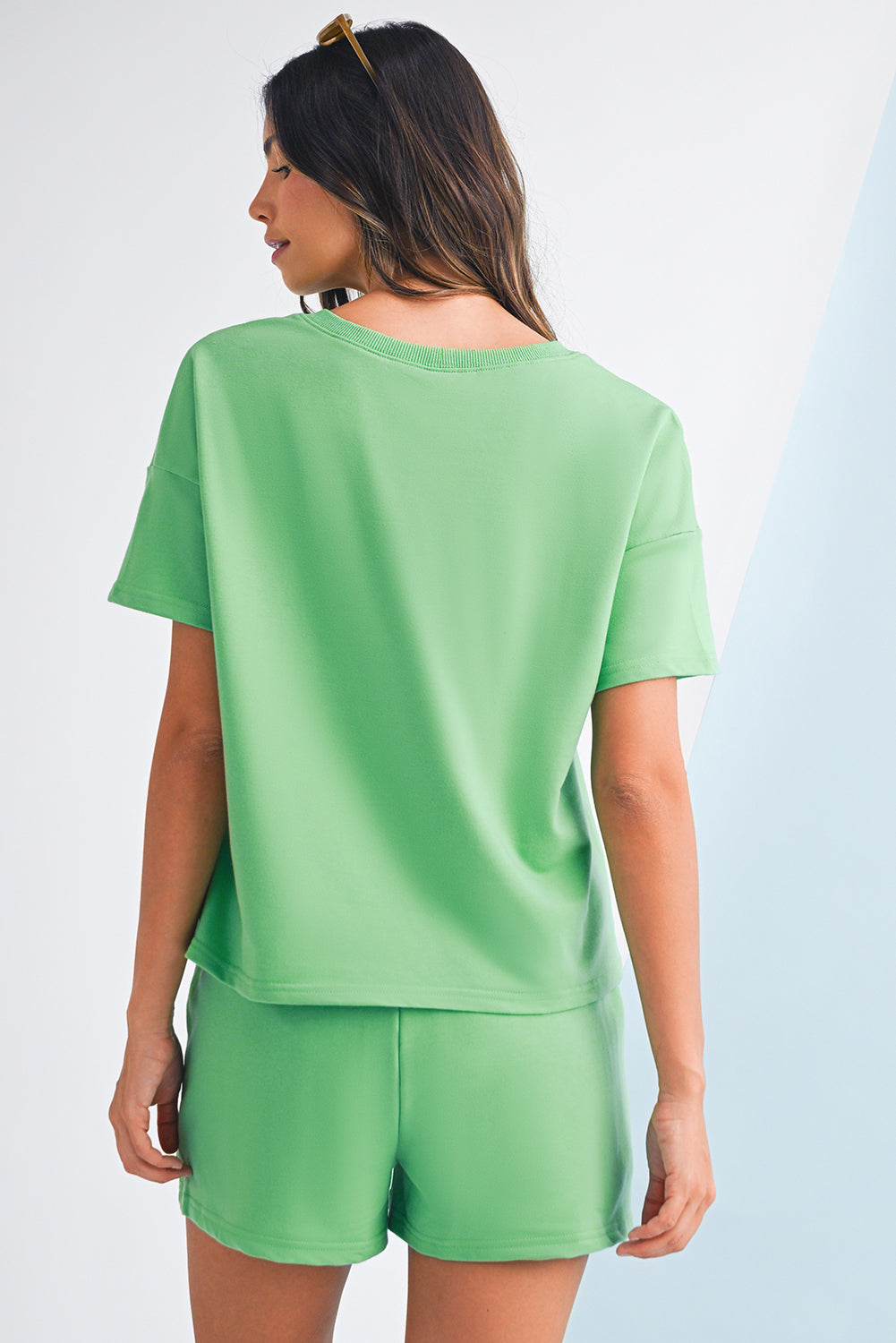 Stacey B's Myosotis V Neck Drop Shoulder Tee and Patchwork Shorts Set